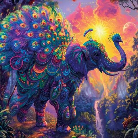 The elephantine peacock - fantasy animal in a colorful jungle 100 Jigsaw Puzzle 3D Modell