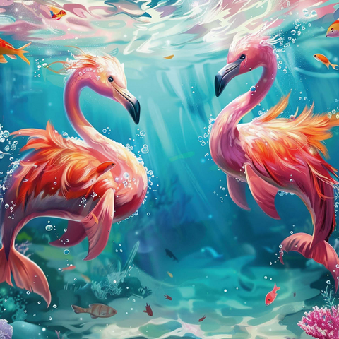 Dolphin flamingos on the coral reef - fantasy animals in the underwater world 1000 Jigsaw Puzzle 3D Modell