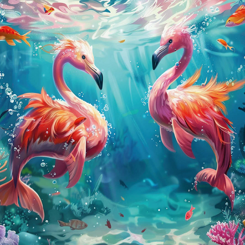 Dolphin flamingos on the coral reef - fantasy animals in the underwater world 100 Jigsaw Puzzle 3D Modell