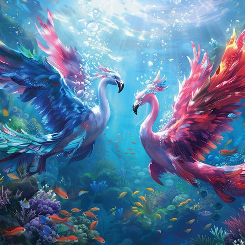 Flamingo parrots on the coral reef - fantasy animals in the underwater world 1000 Jigsaw Puzzle 3D Modell