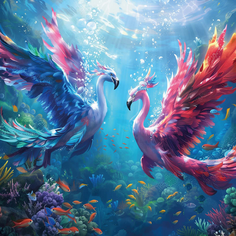 Flamingo parrots on the coral reef - fantasy animals in the underwater world 100 Jigsaw Puzzle 3D Modell