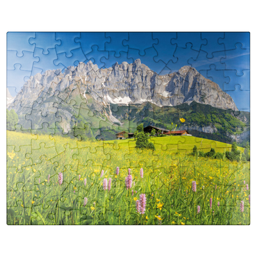 puzzleplate Farmhouse in front of the Wilder Kaiser, Austria, Tyrol - Kaisergebirge 100 Jigsaw Puzzle