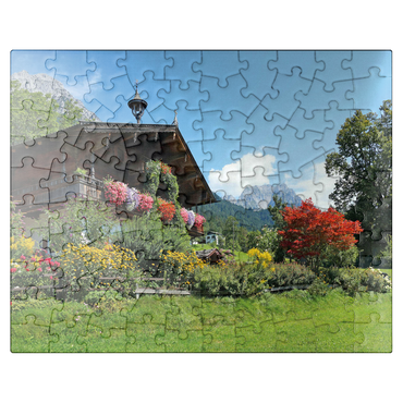 puzzleplate Farmhouse at the Wilder Kaiser near Scheffau, Austria, Tyrol - Kaiser Mountains 100 Jigsaw Puzzle