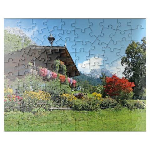 puzzleplate Farmhouse at the Wilder Kaiser near Scheffau, Austria, Tyrol - Kaiser Mountains 100 Jigsaw Puzzle