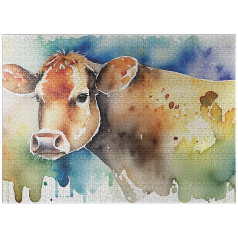 puzzleplate Abstract Watercolor Cow Wildlife Canvas 1000 Jigsaw Puzzle