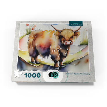 Abstract Watercolor Highland Cow Grazing Wildlife Canvas 1000 Jigsaw Puzzle box view3