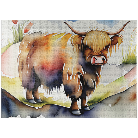 puzzleplate Abstract Watercolor Highland Cow Grazing Wildlife Canvas 1000 Jigsaw Puzzle