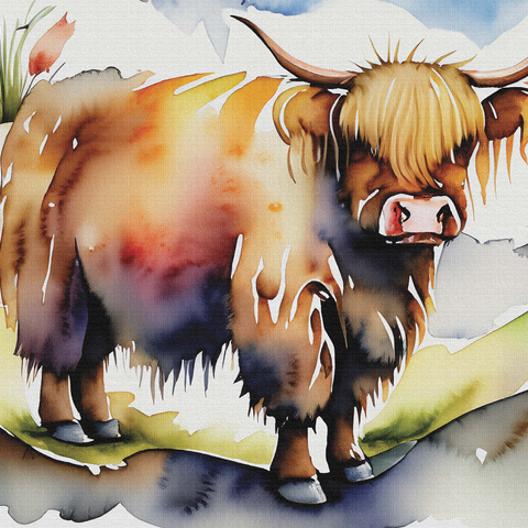 Abstract Watercolor Highland Cow Grazing Wildlife Canvas 1000 Jigsaw Puzzle 3D Modell