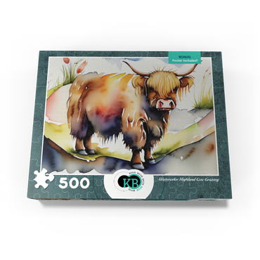 Abstract Watercolor Highland Cow Grazing Wildlife Canvas 500 Jigsaw Puzzle box view3