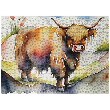 puzzleplate Abstract Watercolor Highland Cow Grazing Wildlife Canvas 500 Jigsaw Puzzle