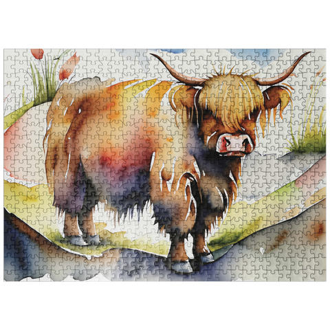 puzzleplate Abstract Watercolor Highland Cow Grazing Wildlife Canvas 500 Jigsaw Puzzle