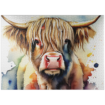 puzzleplate Abstract Watercolor Highland Cow Portrait Wildlife Canvas 1000 Jigsaw Puzzle