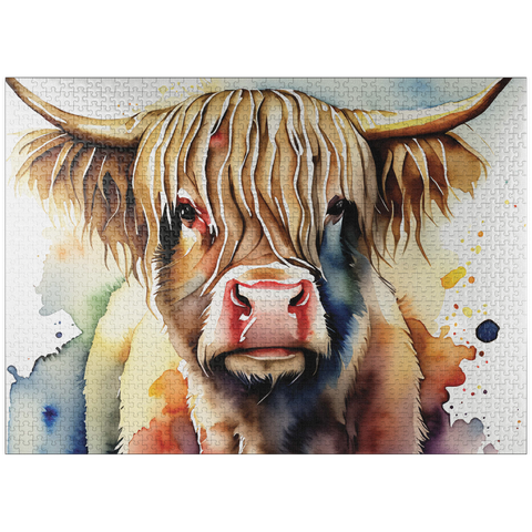 puzzleplate Abstract Watercolor Highland Cow Portrait Wildlife Canvas 1000 Jigsaw Puzzle