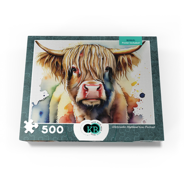 Abstract Watercolor Highland Cow Portrait Wildlife Canvas 500 Jigsaw Puzzle box view3