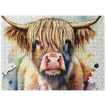 puzzleplate Abstract Watercolor Highland Cow Portrait Wildlife Canvas 500 Jigsaw Puzzle