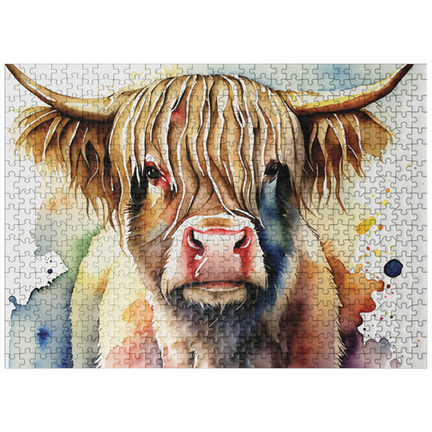 puzzleplate Abstract Watercolor Highland Cow Portrait Wildlife Canvas 500 Jigsaw Puzzle