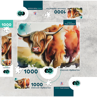 Abstract Watercolor Highland Cow Wildlife Canvas 1000 Jigsaw Puzzle box 3D Modell