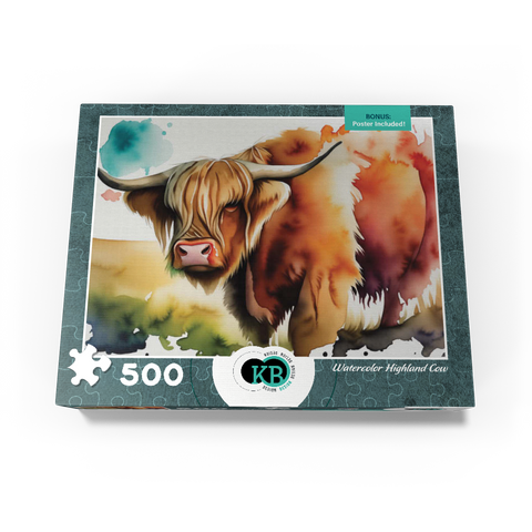 Abstract Watercolor Highland Cow Wildlife Canvas 500 Jigsaw Puzzle box view3