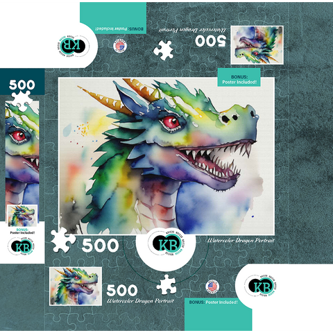 Abstract Watercolor Dragon Portrait Fantasy Canvas 500 Jigsaw Puzzle box 3D Modell