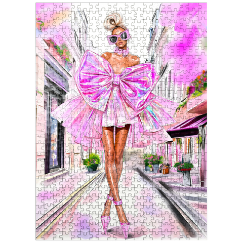 puzzleplate Glamorous Fashion Illustration with Pink Bow 500 Jigsaw Puzzle
