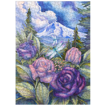 puzzleplate Dragonflies with Roses and Mountain View 500 Jigsaw Puzzle