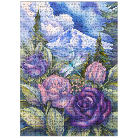 puzzleplate Dragonflies with Roses and Mountain View 500 Jigsaw Puzzle