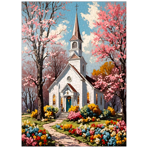 puzzleplate Charming Country Church in Spring Bloom 1000 Jigsaw Puzzle