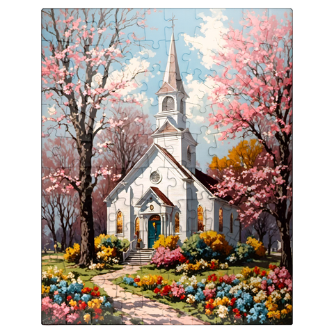 puzzleplate Charming Country Church in Spring Bloom 100 Jigsaw Puzzle