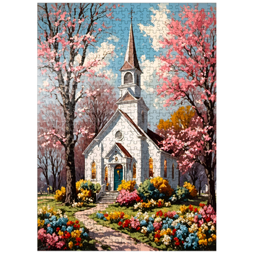 puzzleplate Charming Country Church in Spring Bloom 500 Jigsaw Puzzle