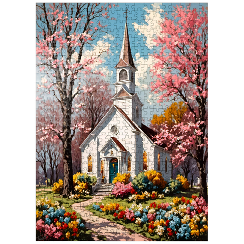 puzzleplate Charming Country Church in Spring Bloom 500 Jigsaw Puzzle