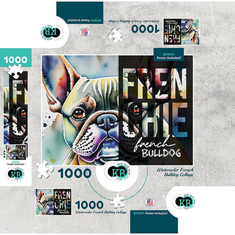 Abstract Watercolor: French Bulldog Portrait Collage, Wildlife Canvas 1000 Jigsaw Puzzle box 3D Modell