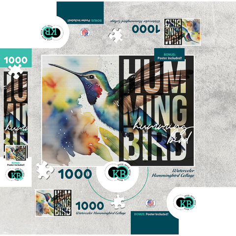 Abstract Watercolor: Hummingbird Collage, Wildlife Canvas 1000 Jigsaw Puzzle box 3D Modell