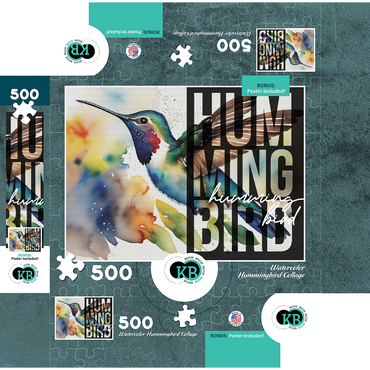 Abstract Watercolor: Hummingbird Collage, Wildlife Canvas 500 Jigsaw Puzzle box 3D Modell