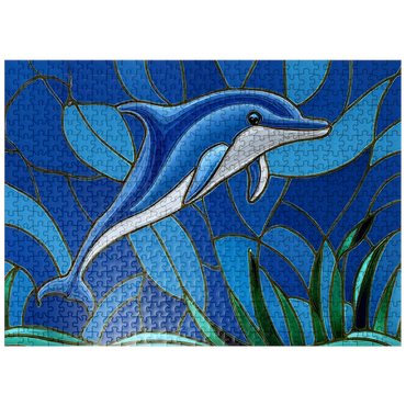 puzzleplate Stained Glass: Blue Dolphin 500 Jigsaw Puzzle