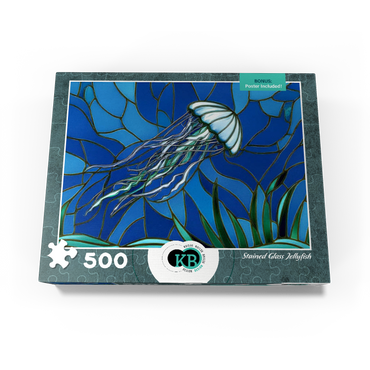 Stained Glass: Teal Jellyfish 500 Jigsaw Puzzle box view3