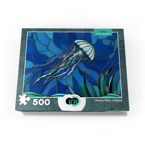 Stained Glass: Teal Jellyfish 500 Jigsaw Puzzle box view3