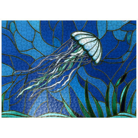 puzzleplate Stained Glass: Teal Jellyfish 500 Jigsaw Puzzle