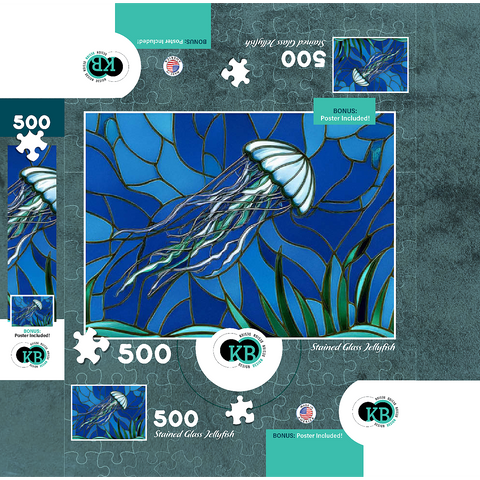 Stained Glass: Teal Jellyfish 500 Jigsaw Puzzle box 3D Modell