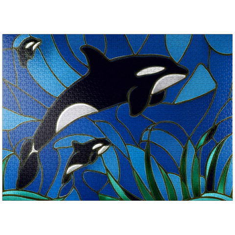 puzzleplate Stained Glass: Orca, Killer Whale with Calves 1000 Jigsaw Puzzle