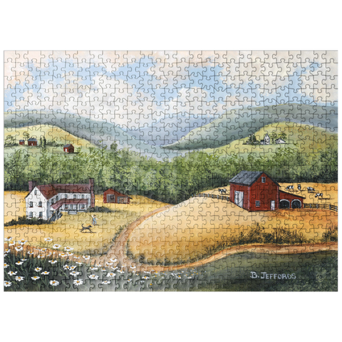puzzleplate Scenic Countryside Farm in Folk Art Style 500 Jigsaw Puzzle