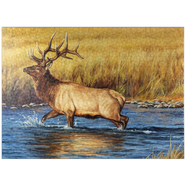 puzzleplate Bull Elk Crossing River in Autumn 1000 Jigsaw Puzzle