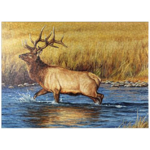puzzleplate Bull Elk Crossing River in Autumn 1000 Jigsaw Puzzle