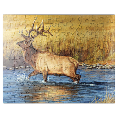 puzzleplate Bull Elk Crossing River in Autumn 100 Jigsaw Puzzle