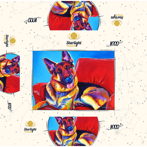 Colorful German Shepherd on Red Chair 1000 Jigsaw Puzzle box 3D Modell