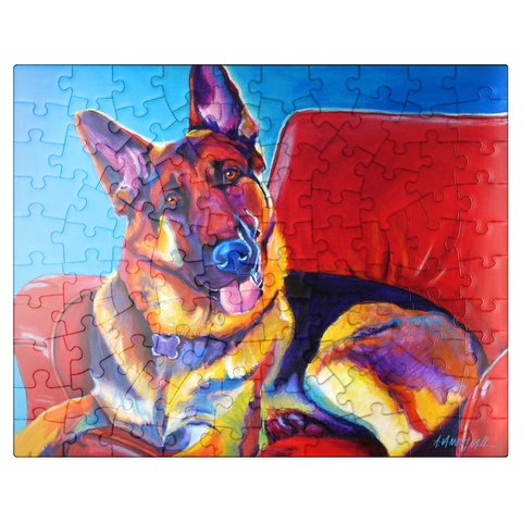puzzleplate Colorful German Shepherd on Red Chair 100 Jigsaw Puzzle