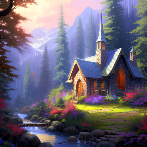 Stone Chapel in Tranquil Forest Clearing 100 Jigsaw Puzzle 3D Modell