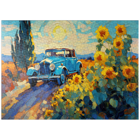 puzzleplate Classic Car and Sunflowers Under Bright Sun 1000 Jigsaw Puzzle