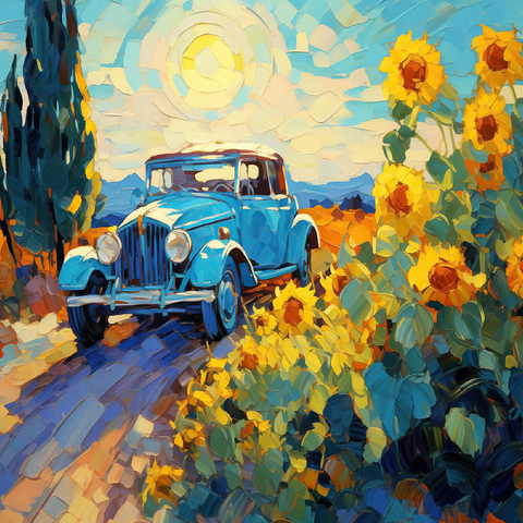 Classic Car and Sunflowers Under Bright Sun 100 Jigsaw Puzzle 3D Modell