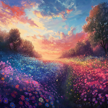 Sunset Over Vibrant Flower Fields 100 Jigsaw Puzzle 3D Modell