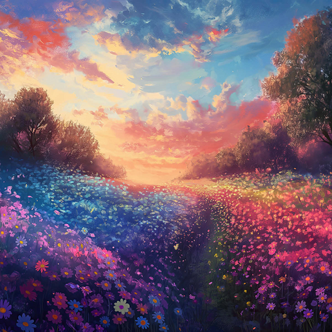 Sunset Over Vibrant Flower Fields 500 Jigsaw Puzzle 3D Modell